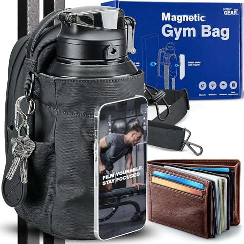 Magnetic Gym Bag with Magnetic Phone Holder for Sports Lovers - Strong Magnet Attaches to Exercise Equipment - Holds Water Bottle, Smartphone & Gear - Gym Must Haves for Influencer Videos