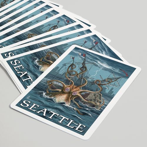 Lantern Press Seattle Washington Kraken Attacking Ship Naipes Poker miniatura 5