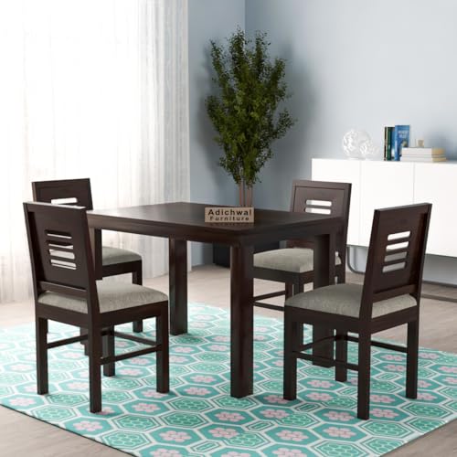 Image of Solid Sheesham Wood 4 Seater Dining Table Set with Cushioned Chairs for Dining Room | Living Room | Home & Office | Hotels Restaurant & Cafe (4 Seater, Walnut E)