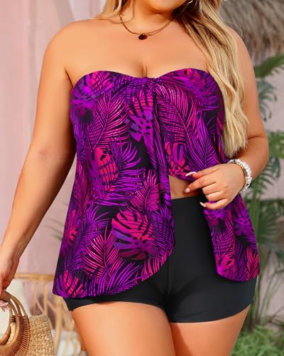 Image of Plus Size Bandeau Tankini 2 Piece Halter Swimsuit with Shorts | Flyaway,Quick Dry,Strapless,Removable Cups,High Waisted Short