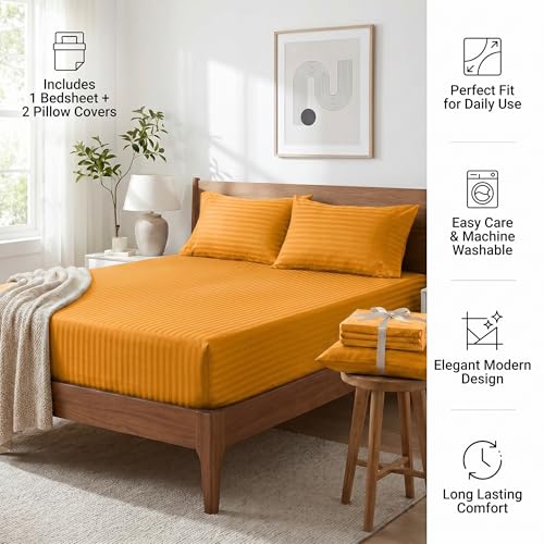 Image of Mafatlal Italian Strip King Size Bed Sheet Cotton with 2 Pillow Covers | 210 TC Pure Cotton Flat Bedsheet Yellow | 108 x 108 Inches| Soft & Durable