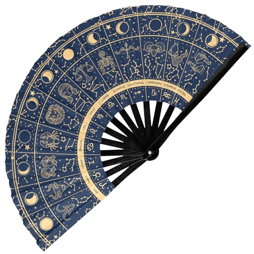 GloFX Rave Fan - Zodiac Signs - Large Folding Hand Fan Astrological Signs Designs for Festival Outfits Cosmic Events - Perfect Accessory for Astrology Enthusiasts and Stargazers