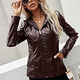 Lederjacke,Damen Kunstlederjacke Dunkelbraun Mit Kapuze Reißverschluss Gestreift Genähte Seitentaschen Vintage Langarm Slim Fit Moto Biker Pu Mantel Bomber Motorrad Outwear Herbst Winter Warme Obe