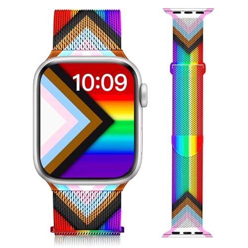 Wipalor Pride Rainbow Milanese Magnetic Band for Apple Watch Bands for Women 46mm 45mm 44mm 49mm 42mm Cute Metal Rainbow iWatch Bands for Pride iPhone Watch Bands Series 11 10 9 8 7 6 5 4 3 2 1 SE Utra