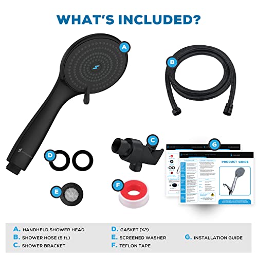 Sparkpod High Pressure 3-Function Handheld Shower Head With 5 Ft. Hose And Bracket - 3.75" Wide Angle Rain, Massage & Full Body Spray Modes - 1-Min Installation (Midnight Black Matte) #TOP1