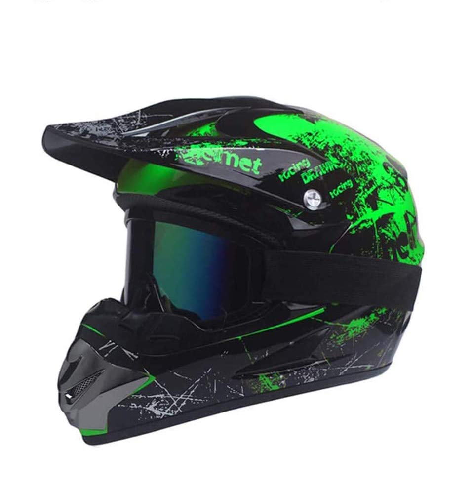 Motocross Casco, Casco integrale Moto Dirt Bike MX ATV Scooter ECE Certified moto casco con occhiali guanti maschera, Verde (S)