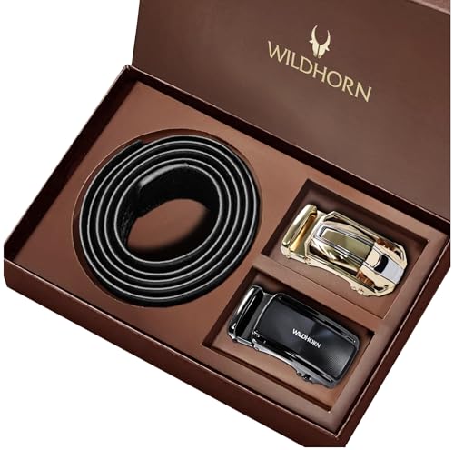 Image of WildHorn Men's Leather Belt Gift Set | Genuine Leather belt Strap with 2 Interchangeable Buckles | Formal & Casual Wear Adjustable Belt | Automatic lock leather belt for men