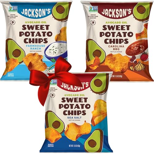Jackson’s Sweet Potato Kettle Chips Avocado Oil Variety Pack made with Premium Oils (1.5 oz, Pack of 10) Sea Salt, Ranch and BBQ Flavors - Allergen-friendly, Gluten Free, Vegan