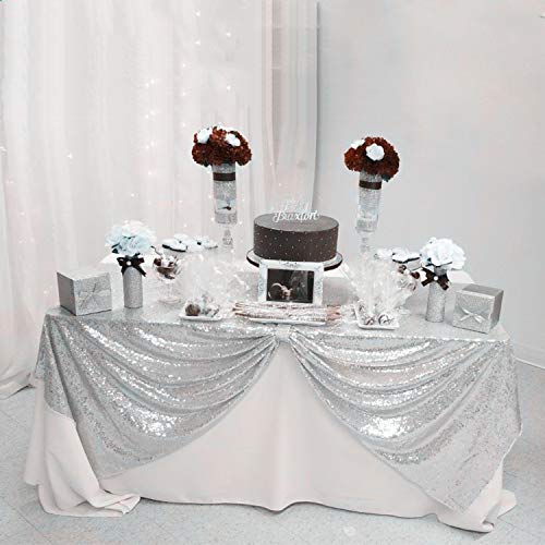 Image of B-COOL Sequin Tablecloth Christmas Decoration 50x50 Inches Square Fabric Thanksgiving Table Cloth Sparkle Overlays Glitz Silver Table Overlay Baby Shower Birthday