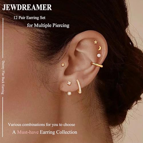Jewdreamer Dainty Gold Flat Back Hypoallergenic Cartilage Earring Sets for Multiple Piercing - 20G Surgical Stainless Steel, Trendy Stacks, Small Hoop, Flatback Stud2