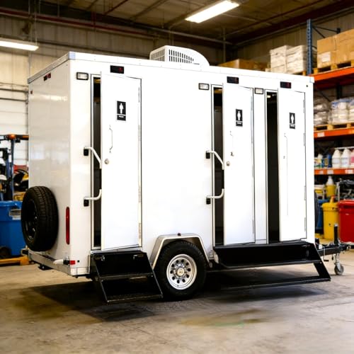 Solución de baño portátil en estilo remolque, baño al aire libre con ducha y opción ADA para eventos y proyectos de construcción