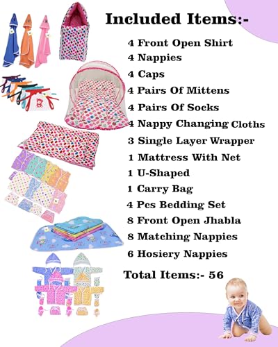 Image of Toddylon Flat Bed 56 in 1 New Born Baby Products All | Gift Packs | Maternity Kit | Baby Clothes | Baby Bedding | Essentials Items | Baby Shower | Infants Combo (Multicolor, 0-6 Months)