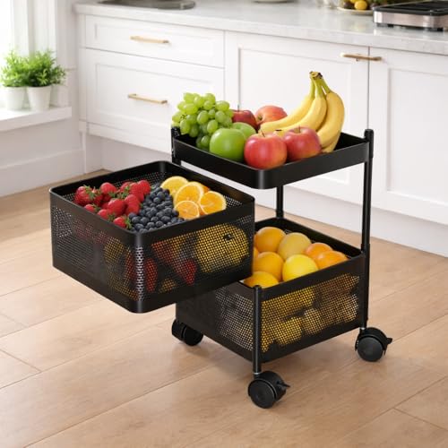 Image of RADIANT 2 Layer Multipurpose Plastic Trolley with Dish Rack for Kitchen Fruit Vegetable Storage Basket Kitchenware Food, Snacks, Toys, Tiered Shelf (Black) (Square Trolley - 2 Layer)