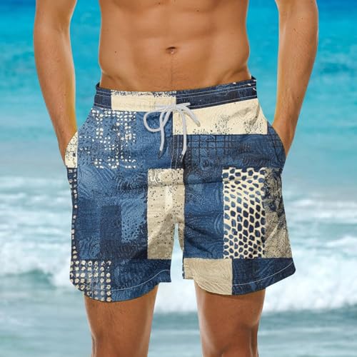 Mens Shorts Summer Casual Beach Shorts Lightweight Elastic Waist Drawstring Board Shorts Patch Plaid Print Swim Shorts2