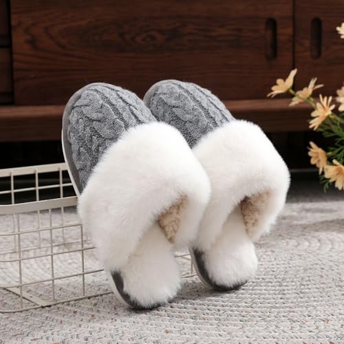 ZSpzx Cotton House Slippers for Women Plush Knit Fur Lining Flats Solid Color Winter Slipper Lightweight Indoor Outdoor Non Skid Rubber Sole Slip Resistant Safety Warm Slides4