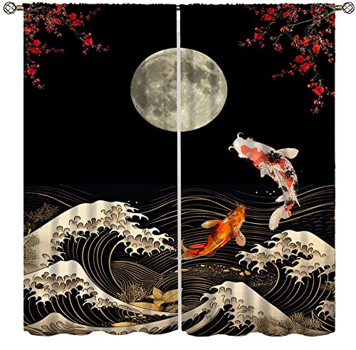 Koi Fish Curtains for Bedroom, Japanese Style Yin Yang Big Wave Cherry Blossom Window Treatments for...