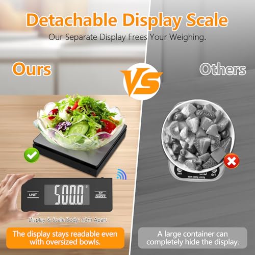 Image of Wireless Detachable Display Digital Food Scale, 11lb /5kg, Solid Black 1g Precise Weighing, Tare & Backlit LCD, 304 Stainless Steel Surface, Ideal for Coffee Brewing, Baking & Daily Meal prep