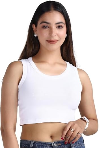 Mlada Rib Knit Crop Top for Women | Cotton Ribbed Top for Women | Round Neck Rib Knit Crop Top Sleeveless | Regular Fit Sl...
