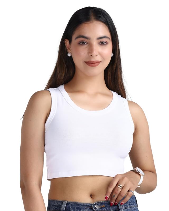 Mlada Rib Knit Crop Top for Women | Cotton Ribbed Top for Women | Round Neck Rib Knit Crop Top Sleeveless | Regular Fit Sl...