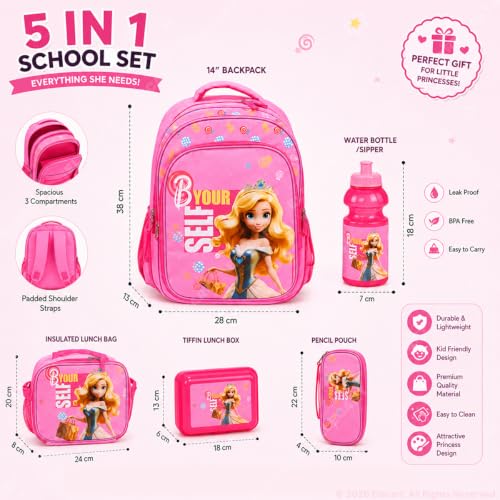 Image of Combo Set for Girls - 5 in 1 Back to School Hamper with Backpack, Lunch Bag, Tiffin Box, Water Bottle & Pencil Pouch - Complete School Essentials Gift Set for Kids (Pink Bag)