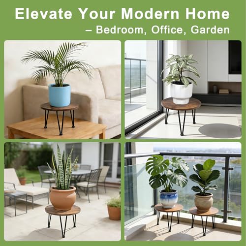 Image of Vigordream Metal Plant Stand Indoor, Heavy Duty Wood Single Planter Holder | Round Flower Pot Stands, Low Plant Table, Mid Century Modern Corner Planter Riser, Decorations for Home, Patio, Garden