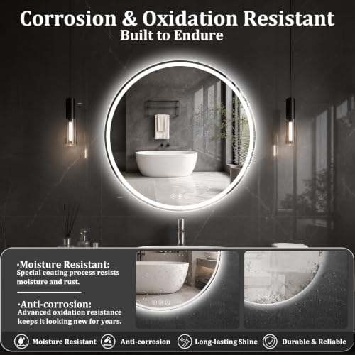 Round LED Bathroom Mirror, 24 Inch, HD Shatterproof Tempered Glass - image 4