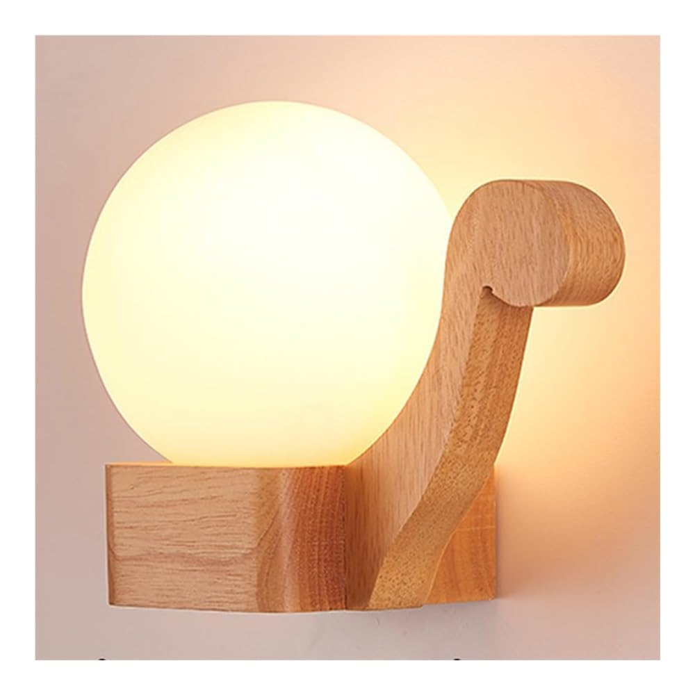 HUAYUSEDF Bedroom Bedside Living Room Hallway Wall Lighting - Wood Sconce Nordic Lamp with Milk White Lampshade Globe Glass Mounted Light, 19cm(Right)