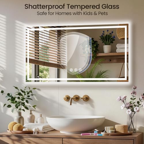 Image of 48x32 LED Bathroom Mirror with Anti-Fog, Backlit & Front Lit, Memory | Stepless Dimmable 3 Color CRI 95+ Shatterproof Tempered Glass ETL Listed for Safety Lighted Bathroom Vanity Mirror for Wall