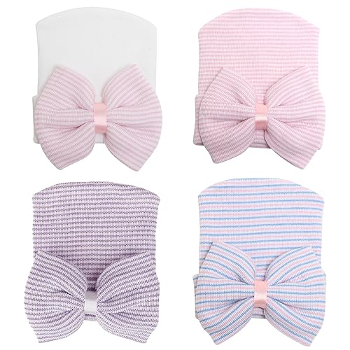 Image of DRESHOW BQUBO 4 Pack Newborn Hospital Hat Infant Baby Hat Cap with Big Bow Soft Cute Knot Nursery Beanie