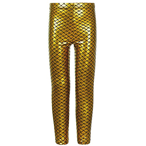 SXME MIGHT SAY Leggings metálicos delgados holográficos de sirena con escamas de pez para niñas perfectos para discoteca y baile dorados