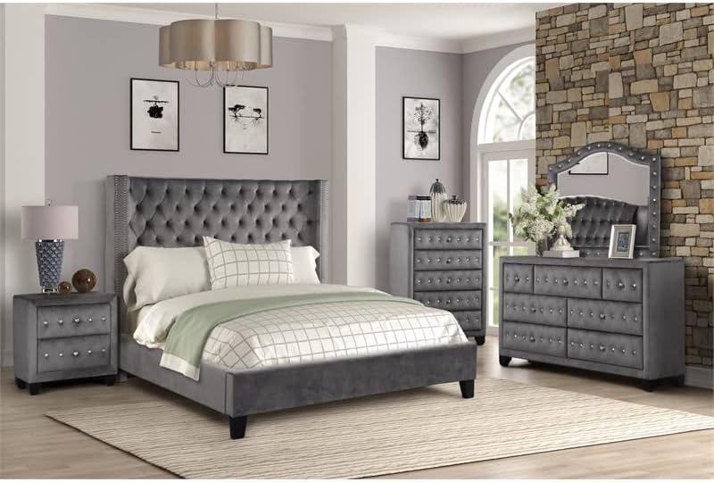 Galaxy Home Furnishings Allen Queen - Juego de 5 piezas de tapicería capitoné para dormitorio hecho con madera en gris