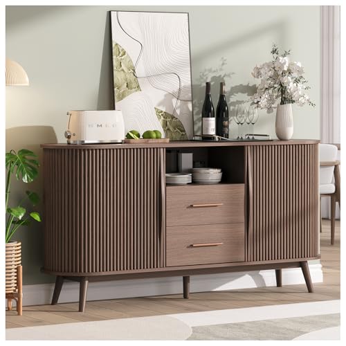Image of Sideboard Buffet Cabinet with Storage, Mid Century Accent Cabinet with Sliding Doors, Minimalist Media Console with Solid Wood Legs, Fluted Credenza for Living Room Entryway Kitchen, Walnut