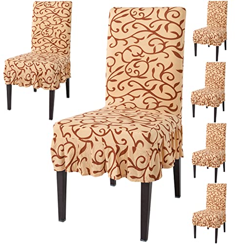 Image of HOKIPO Dining Chair Protector Cover Set Of 6 Elastic Slip Covers (AR-4091-D6*6),Beige