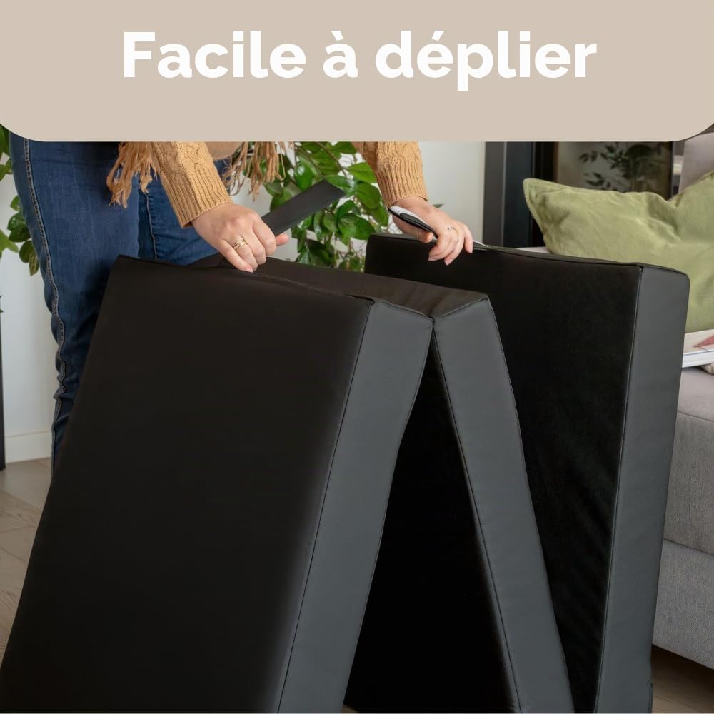 Matelas pliant, matelas d'invité pliable en 3 parties, hauteur 10 cm, matelas pliable, lit pliant, cube intervertébral (noir, 180 x 65 x 10)