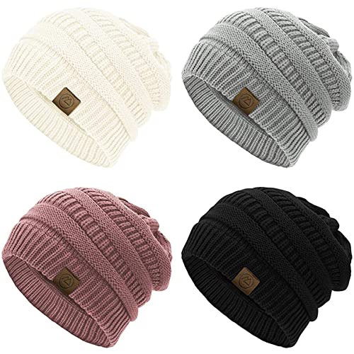 Image of Zando Beanies Women Winter Beanie for Women Warm Hats for Women Thick Knit Beanie Hat for Women Womens Beanie Unisex Cozy Slouchy Hat Soft Girls Beanie Caps Black&Light Grey&White&Skin Pink