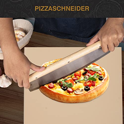 Foto von QNINE Pizzastein für Backofen & Gasgrill, 3er Set inkl. Pizzastein eckig aus Cordierit (38 x 30 x 1.5cm), Pizzaschieber aus Kautschukholz, Pizzaschneider