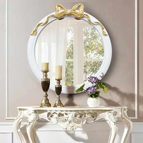 Image of 28 inch Round/Circle Wall Mirror, Vanity Bow Mirror for Wall Decor, Decorative Antique White&Gold Bathroom Mirrors, Traditional Art Home Decor for Dressing Table, Living Room, Bedroom