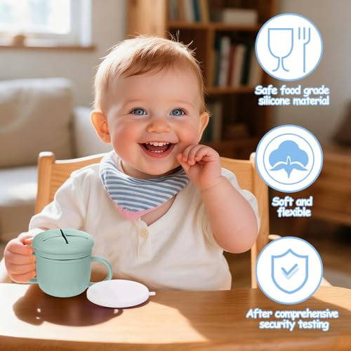 Image of Mity rain 2-Pack Stainless Steel Snack Containers, 4-in-1 Spill proof Snack Cups With Silicone Lid and Handle, Dishwasher Safe Travel Snack Containers for Kids and Infants (Green + Blue)