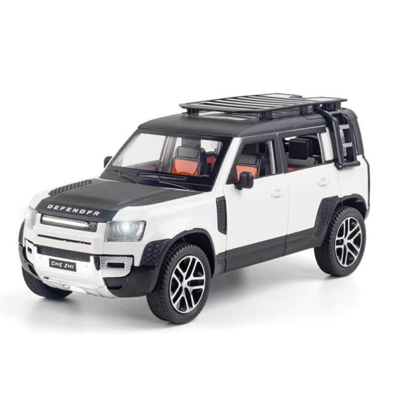 Image of Kids Model 1:24 Land Rover Defender Die Cast Metal Car Pull Back Action Opening Doors with Realistic Engine Sound Lights Toy Car Gift for Boys - White