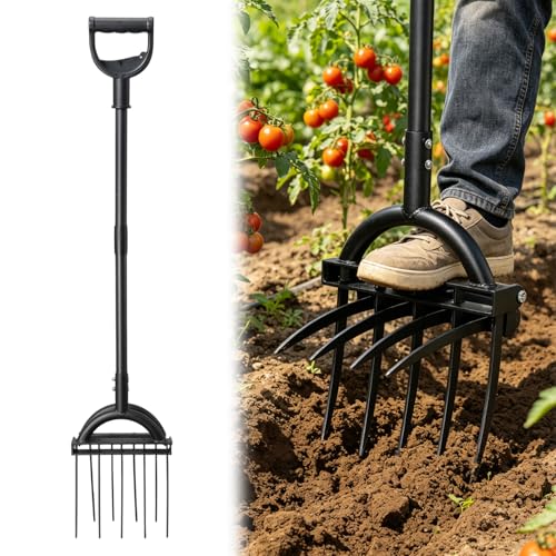 Broad Fork Garden Tool 63 Heavy Duty Broadfork Hand Tiller with Double 5+4 Sharp Tines Garden Pitchfork with Ergonomic D-Shaped Handle Spading Digging Fork for Compost Soil Cultivating Loosening