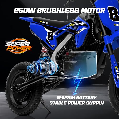 Image of 24V Kids Electric Dirt Bike - 250W Electric Motorcycle, 11 Mph Max Speed Electric Motorcycle Mini Bike with Music, 10 Miles Range, Twist Grip Throttle, Metal Suspension, Rubber Tires (Blue)