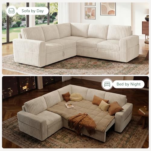 Image of HONBAY Modular Sectional Sleeper Sofa with Pull Out Bed,Corduroy L Shaped Couch with Storage, Sectional Couches for Living Room,Beige