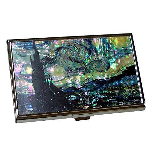 Antique Alive Mother of Pearl RFID Blocking Protection Starry Night by Van Gogh Art Painting Business Credit Name Card Holder Case Metal Stainless Steel Engraved Slim Purse Pocket Cash Money Wallet