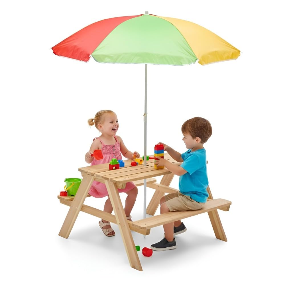 Plum® Rectangular Wooden Kids Picnic Table with Parasol (Natural) - Outdoor Kids Activity Table and Chair Set with Removable & Adjustable Umbrella, Durable, Easy to Clean, 1.6+ Years-image-43