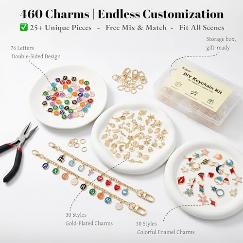 Image of Kupor 460Pcs DIY Keychain Making kit, 7 Themes DIY Bag Charm kit, 78 Letter Sets, Premium Jewelry Making Supplies with Greeting Card, Storage Box, Beginner Friendly for Keychains, Lip Gloss Keychain