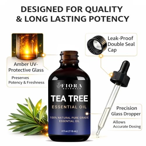 Image of Fiora Naturals Tea Tree Oil 4 Fl Oz - 100% Pure Tea Tree Essential Oil for Skin, Face, Hair & Scalp Care, Nails & Toenails, Aromatherapy & Diffuser Use - Melaleuca Alternifolia