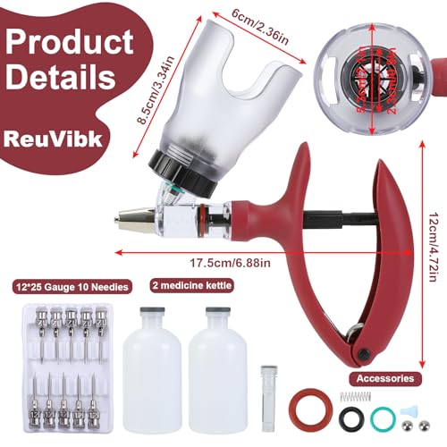 Image of 5ML Livestock Syringe Gun, Automatic Self Refill Injection Gun Continuous Adjustable Bottle Attachment Livestock Animal Syringe with 10 Needles, for Chicken, Duck, Pig, Sheep, Cow Poultry (Rose Red)