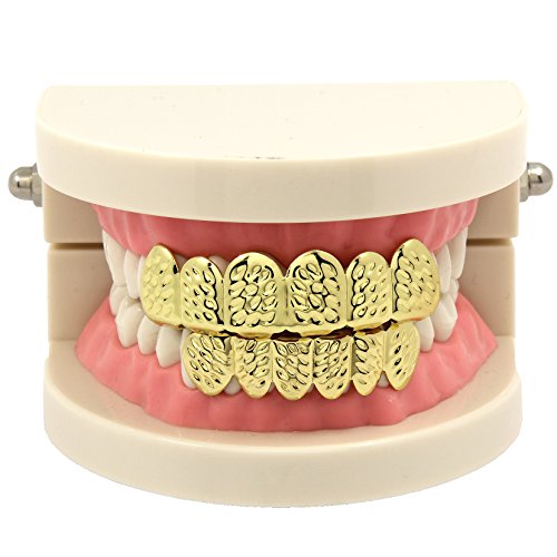 Jewel Town New Custom Fit 14k Gold Plated Diamond Cut Hip Hop Mouth Teeth Grillz Caps Top & Bottom Set