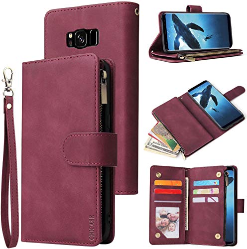 CHICASE Wallet Case for Galaxy S8 Plus,Samsung S8+ Plus Case,Leather Handbag Zipper Pocket Card Holder Slots Wrist Strap Flip Protective Phone Cover for Samsung Galaxy S8 Plus(Wine Red)