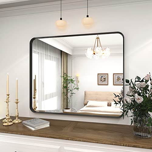 VooBang Bathroom Mirror 24x32 inch, Black Gorgeous Deep Frame Wall Mirror, Modern Round Corner Bathroom Vanity Mirror for Bedroom, Living Room, Hanging or Leaning Horizontal or Vertical, Black VooBang Bathroom Mirror 24x32 inch, Black Gorgeous Deep Frame Wall Mirror, Modern Round Corner Bathroom Vanity Mirror for Bedroom, Living Room, Hanging or Leaning Horizontal or Vertical, Black